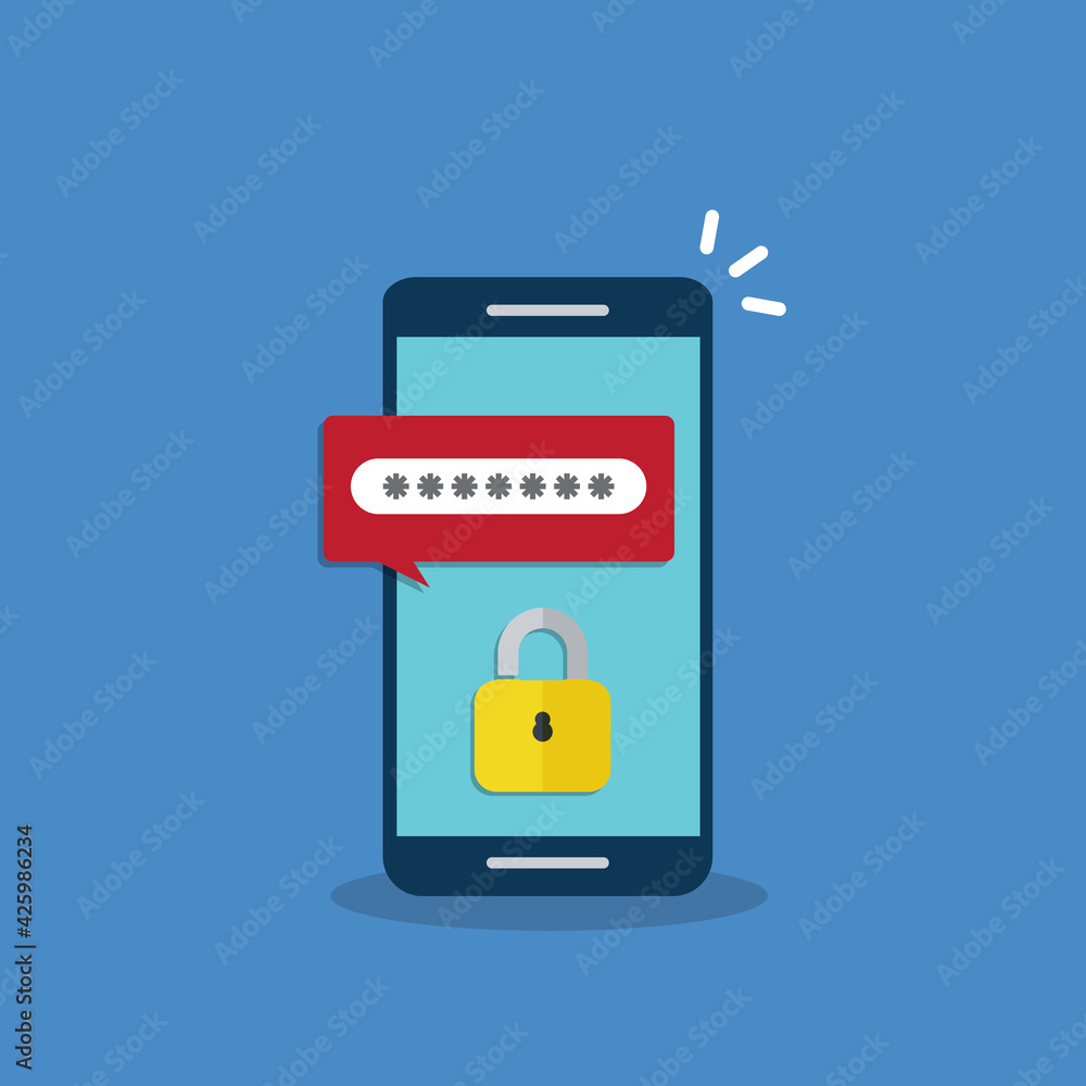 Unlocked notification button and password field on a mobile phone. Smartphone security concept. Unlocked notification button and password field on a mobile phone. Smartphone security concept.