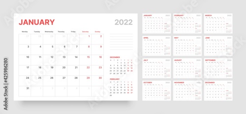 Monthly calendar for 2022 year. Week Starts on Monday.