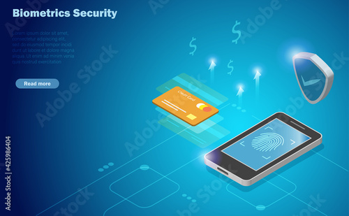 Biometrics security, fingerprint scanning on smart phone to access financial data and credit card payment. Innovation security in digital online technology concept.