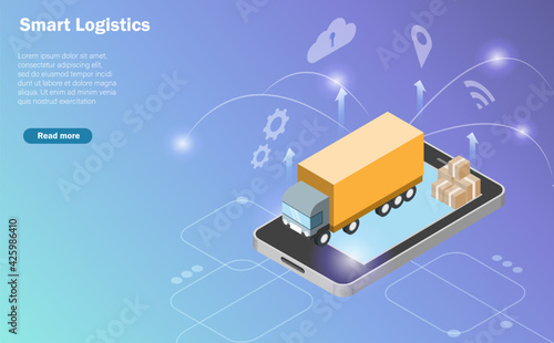 Isometric global smart logistics. Truck and carton boxes on smartphone with virtual delivery icons. Logistics and supply chain distribution