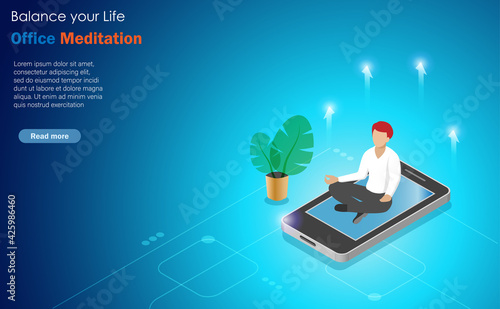 Businessman relaxing and online meditating on smart phone screen to reduce work stress and more concentration. Mindfulness, balance your life concept.