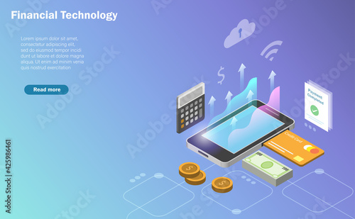 Wireless financial technology and cyber security. Isometric view of virtual smartphone using cloud computing security transfer money via credit card.