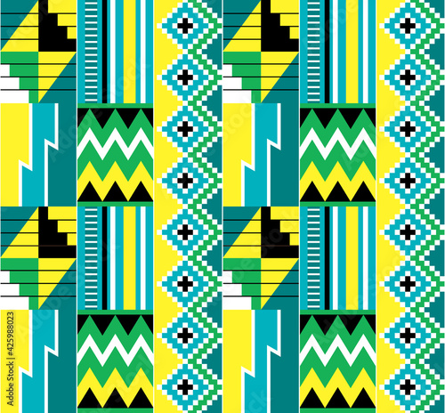 African tribal Kente cloth style vector seamless textile pattern, traditional geometric nwentoma design from Ghana 