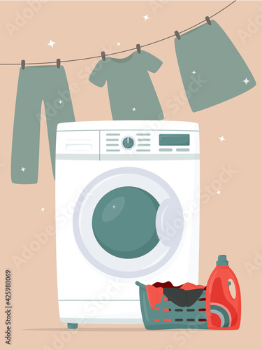 Washing machine, detergents, laundry basket and drying laundry in flat style. Modern laundromat, home appliance for household chores. Front view, close-up. Laundry service room vector illustration