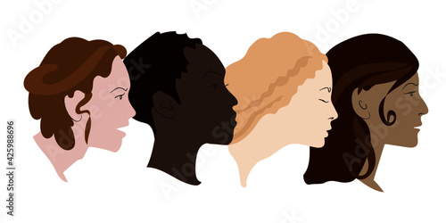Vector illustration. Four female profiles. Ladies of different nationalities.