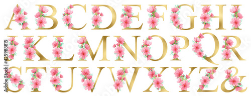 Watercolor Gold Floral Alphabet Set with summer pink flowers. Floral Glitter letters. Wedding invitations, baby shower, sublimation design, birthday, other concept ideas.