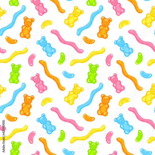 Gummy bear, jelly worms and beans sweet candy seamless pattern with amazing flavor flat style design vector illustration. Bright colorful jelly delicious sweets isolated on white background.