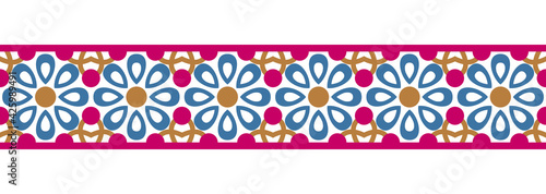 Border line seamless background. Decorative design seamless ornamental mosaic border pattern. Islamic, indian, arabic motifs. Abstract flower. Vector illustration