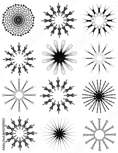 Collection of black silhouettes of snowflakes on a white background. Winter composition. Christmas, New Year.