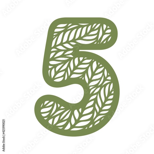 Number 5 (five) with leaf pattern. Spring or summer font with floral ornaments. Decorative element for eco sign, logo, icon. Green digit on a white background. Flat style. Vector illustration.