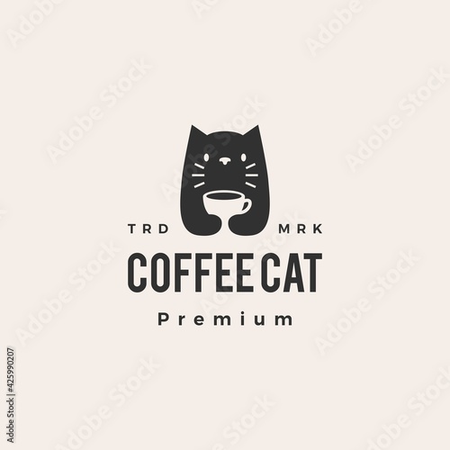 coffee cat hipster vintage logo vector icon illustration