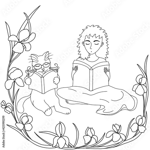 Сoloring page. Girl and cat reading books. Cartoon picture of a cat and a girl. Raster illustration