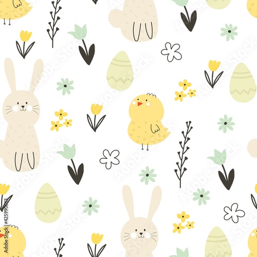 Seamless pattern with cartoon bunny, chick, flowers, eggs, decor elements. Festive colorful vector for easter. hand drawing. design for fabric, wrapper, print