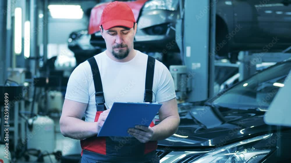 Automobile mechanic work, car service concept. Car repairman uses his tablet to take some notes Automobile mechanic work, car service concept. Car repairman uses his tablet to take some notes