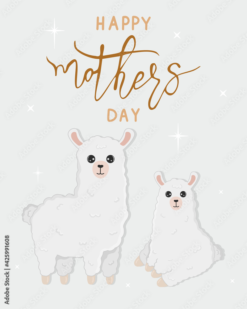 Fototapeta premium Vector cartoon card. Happy mother's day with llama family on grey background. Cute alpaca