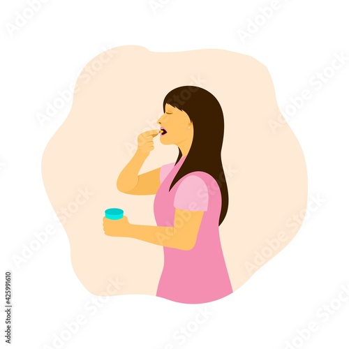 a woman is taking medicinal pills, using her right hand to heal her pain vector illustration.