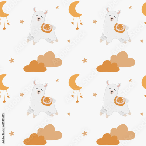 Seamless vector pattern with alpaca, stars and moon. Trendy baby texture for fabric, wallpaper, apparel, wrapping. Cute llama. Boho background.