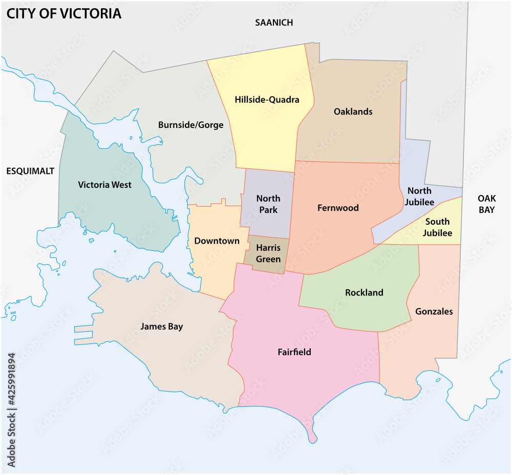 neighborhood map of capital city victoria, vancouver island, british columbia, canada 