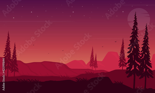 The truly beautiful color of the night sky with incredible mountain views. Vector illustration