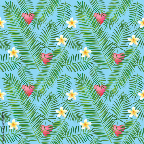 Tropical seamless pattern with palm leaves, hearts and plumeria flowers. Fashionable exotic summer background. Hawaiian t-shirt and swimwear textile.