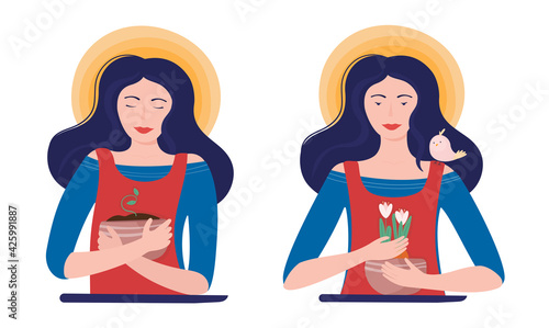 Flat illustration set girl plants and have bulbous plants flowers crocuses. Watering plants, hobby gardening