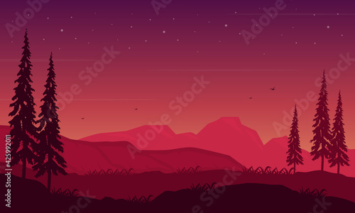 A panoramic view of the beautiful night sky with nice mountain views from the suburbs. Vector illustration