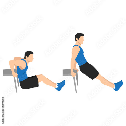 Man doing bench tricep dips flat vector illustration isolated on white background