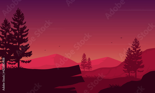 A beautiful purple sky with a realistic night view of the mountains. Vector illustration