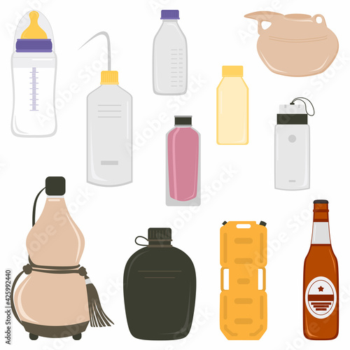 Bottle of water in different style vector set collection isolated on white background. Baby milk bottle, beer bottle, calabash bottle, thermos bottle, perfume bottle, jerrycan, reagent bottle etc