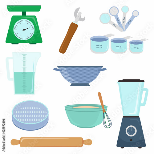 Kitchen tools accessory simple isolated set collection. Kitchenware scales, measuring cup, measuring spoon, eggbeater and bowl etc. Cooking concept. Vector flat cartoon graphic design illustration photo