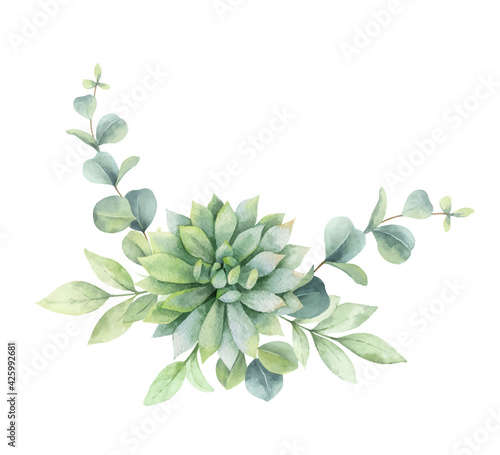 Watercolor vector bouquet with eucalyptus branches and succulent flower.