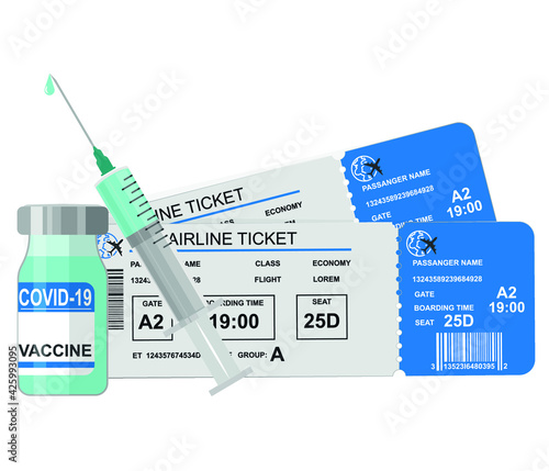 Vaccination passport and travel. COVID-19 Vaccine, Airline , Airplane Ticket, Travel, Passport stamp.