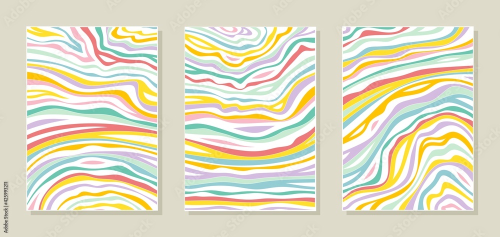 Set of three abstract posters. Bright prints, colorful painting. Multicolored chaotic stripes, red, yellow, green, blue waves, lines. Modern decoration for home, office, apartment. Vector illustration Set of three abstract posters. Bright prints, colorful painting. Multicolored chaotic stripes, red, yellow, green, blue waves, lines. Modern decoration for home, office, apartment. Vector illustration