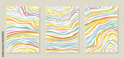 Set of three abstract posters. Bright prints, colorful painting. Multicolored chaotic stripes, red, yellow, green, blue waves, lines. Modern decoration for home, office, apartment. Vector illustration