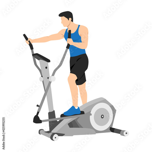 Man doing elliptical Machine exercise flat vector illustration isolated on white background