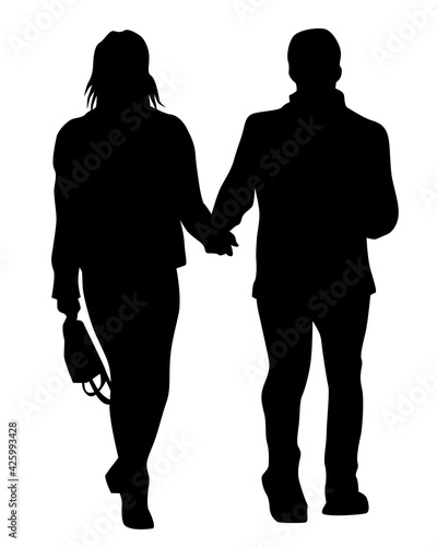 Young man and woman walking down the street. Isolated silhouette on a white background