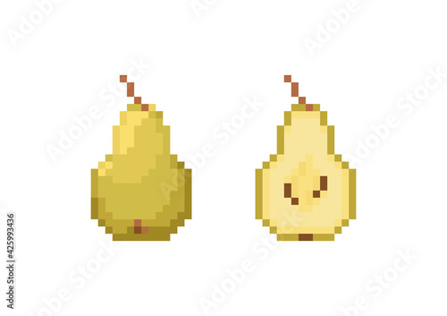 Pixel art pear icon set. Pixels retro game green pear and half pear icons. 8 bit or 16 bit style apple icons for game or web design. Cute Flat 8 bits vector pixel art fruit symbol.