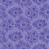 Hand drawn florals peonies outline style.Violet purple doodle peony flowers and daisy plants. Monochrome floral seamless pattern