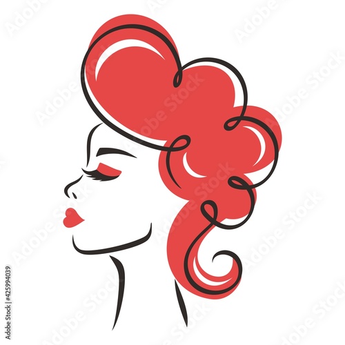 Sketch of a young woman in profile. Bright pink hair  eye shadow  lips. Long eyelashes and voluminous curls. Head of a girl on a white background. Black line drawing. Fashion portrait. Vector image.