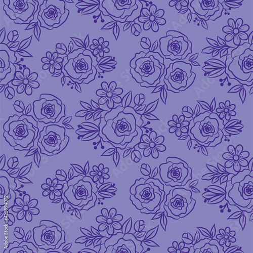 Hand drawn florals peonies outline style.Violet purple doodle peony flowers and daisy plants. Monochrome floral seamless pattern