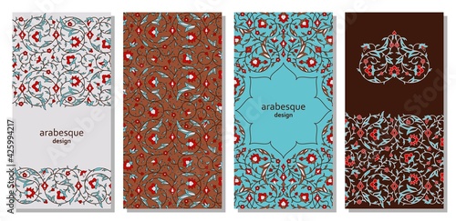 Set of vertical arabesque floral banners. Branches with flowers, leaves and petals