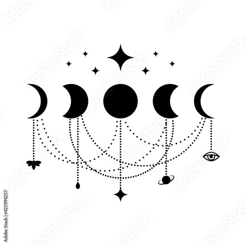 Phases of the moon boho style with stars and pendants. Sacred geometry alchemy esoteric. Monochrome Vector Illustration isolated on a white background