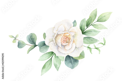 Watercolor vector wreath of green branches and flowers.