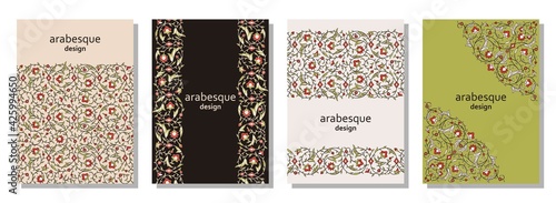 Set of vertical arabesque floral banners. Branches with flowers, leaves and petals