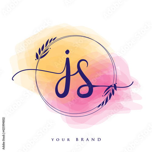 JS Initial handwriting logo. Hand lettering Initials logo branding, Feminine and luxury logo design isolated on colorful watercolor background.