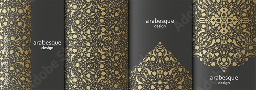 Set of vertical arabesque floral banners. Branches with flowers, leaves and petals