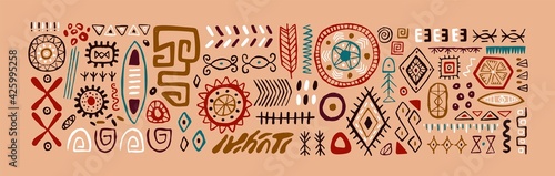 Set of abstract African tribal geometric shapes, ancient ethnic traditional symbols and ornate signs. Hand-drawn oriental elements in doodle style. Isolated colored flat vector illustrations