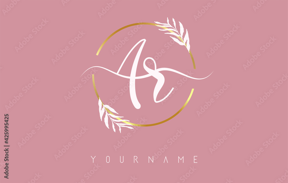 AR a r Letters logo design with golden circle and white leaves on branches around. Vector Illustration with A and R letters. AR a r Letters logo design with golden circle and white leaves on branches around. Vector Illustration with A and R letters.
