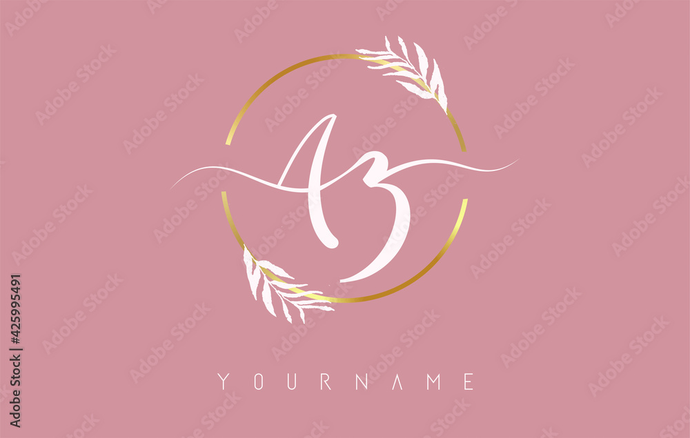 AZ a z Letters logo design with golden circle and white leaves on branches around. Vector Illustration with A and Z letters. AZ a z Letters logo design with golden circle and white leaves on branches around. Vector Illustration with A and Z letters.