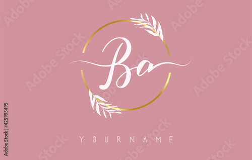 BA b a Letters logo design with golden circle and white leaves on branches around. Vector Illustration with B and A letters.